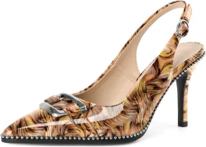 Mettesally Women Slingback Heels Pointed Toe High Heels Stiletto Pumps Metallic Buckle Beaded Pumps Dress Shoes 3.5 Inch