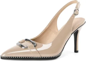 Mettesally Women Slingback Heels Pointed Toe High Heels Stiletto Pumps Metallic Buckle Beaded Pumps Dress Shoes 3.5 Inch
