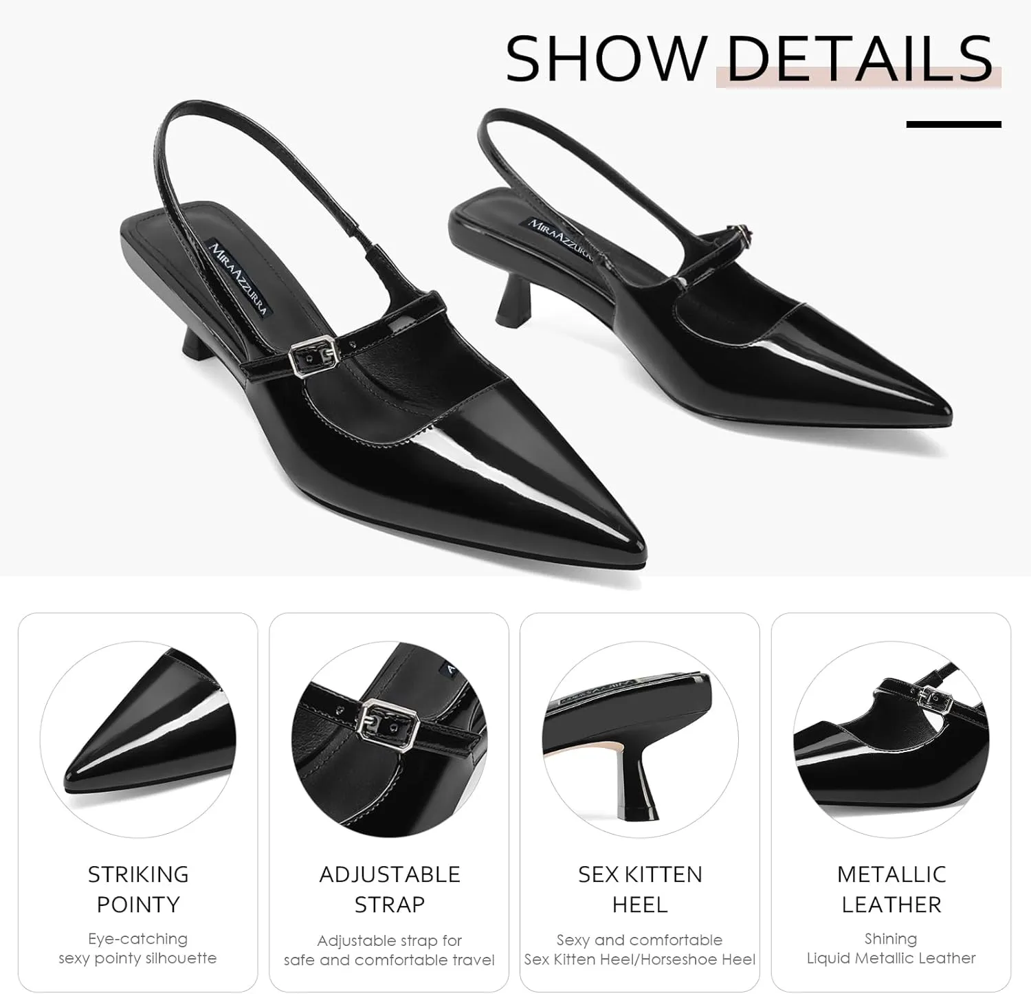 MIRAAZZURRA Slingback Kitten Heels Pumps Pointed Toe Low Heel Slip On Dress Shoes with Buckle Strap for Dating Party Working