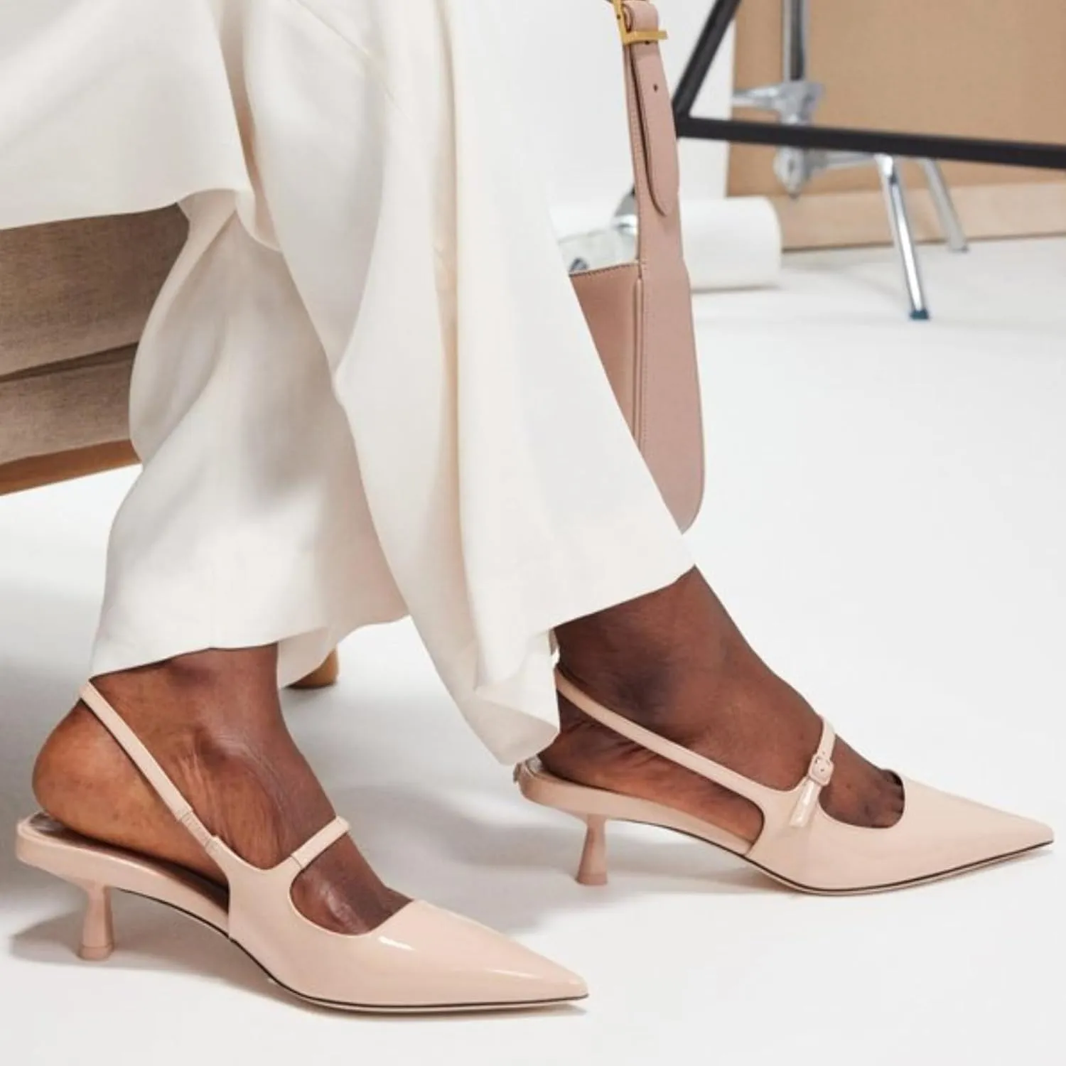 MIRAAZZURRA Slingback Kitten Heels Pumps Pointed Toe Low Heel Slip On Dress Shoes with Buckle Strap for Dating Party Working