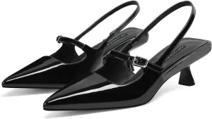 MIRAAZZURRA Slingback Kitten Heels Pumps Pointed Toe Low Heel Slip On Dress Shoes with Buckle Strap for Dating Party Working