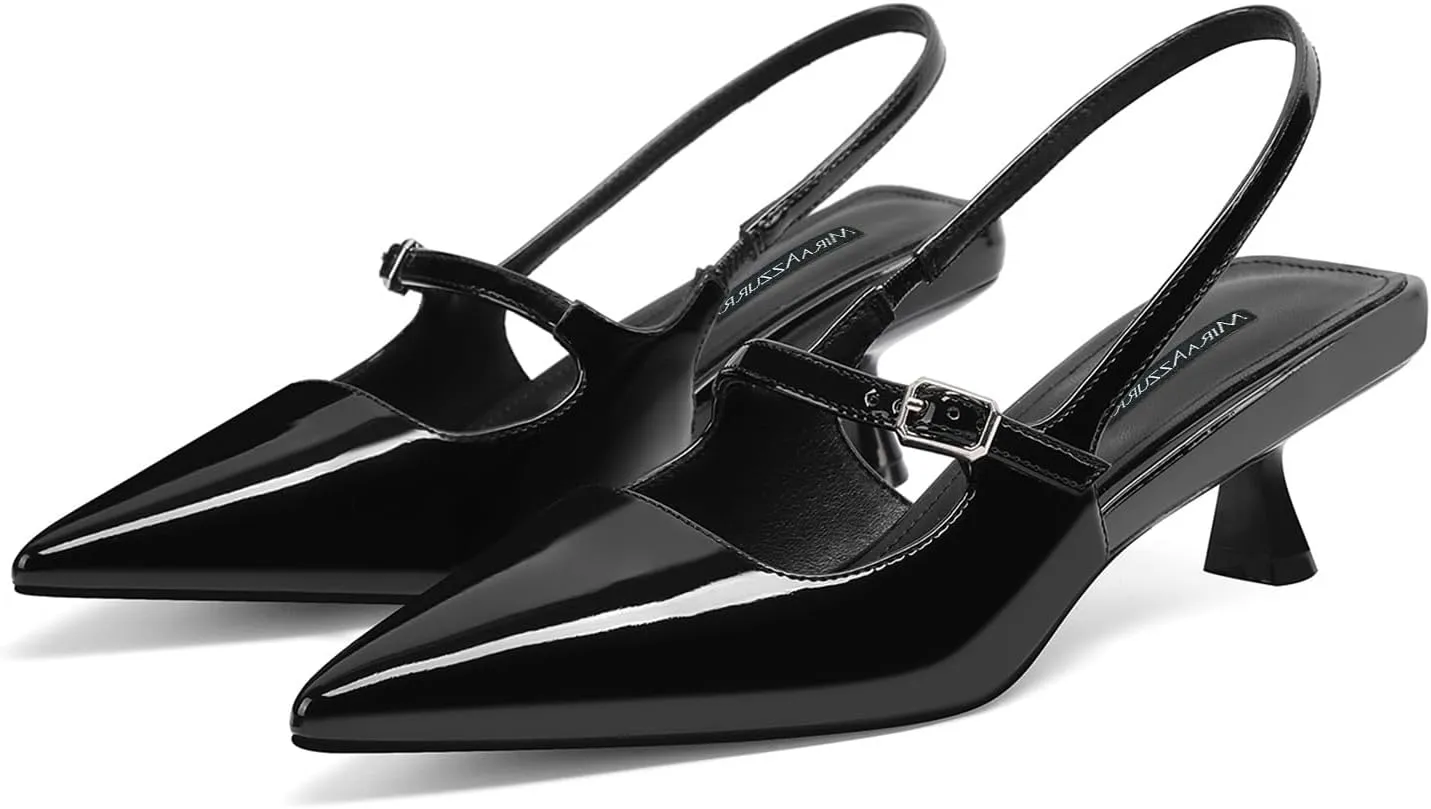 MIRAAZZURRA Slingback Kitten Heels Pumps Pointed Toe Low Heel Slip On Dress Shoes with Buckle Strap for Dating Party Working