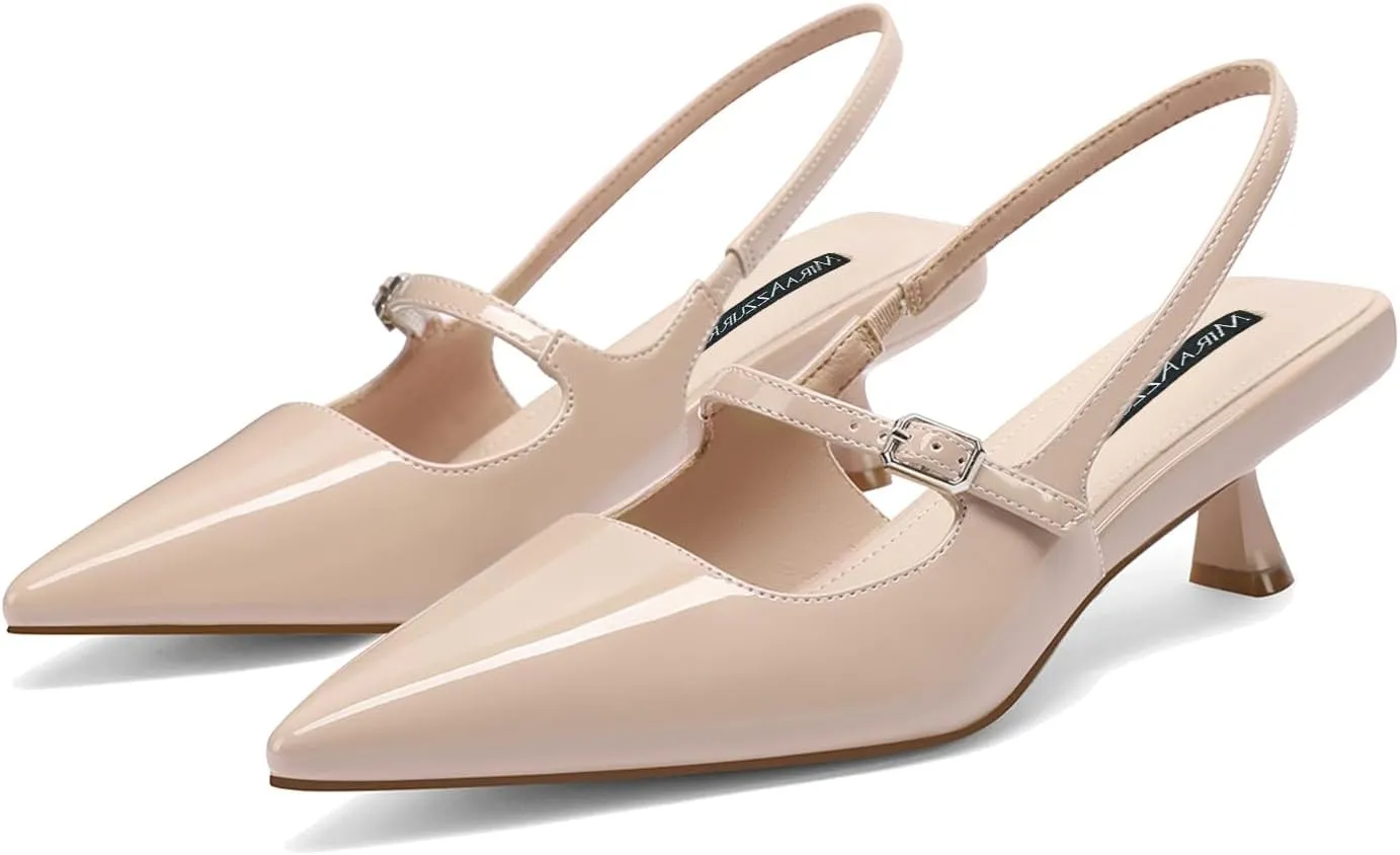 MIRAAZZURRA Slingback Kitten Heels Pumps Pointed Toe Low Heel Slip On Dress Shoes with Buckle Strap for Dating Party Working