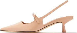 MIRAAZZURRA Slingback Kitten Heels Pumps Pointed Toe Patent Leather Low Heel Slip On Dress Shoes with Buckle Strap for Dating Party Working Nude 7.5