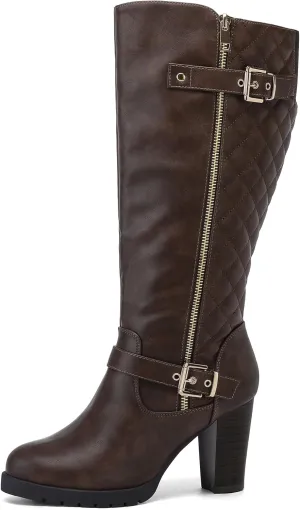 mysoft Women's Wide Calf Knee High Boots Chunky Block Heel Round Toe Tall Boots Side Zipper