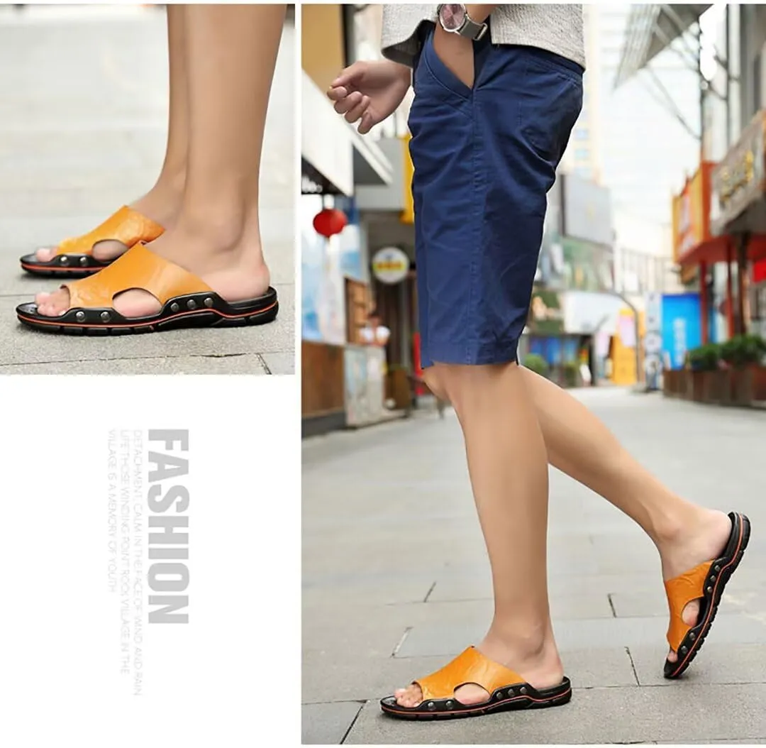 NANXIN&LOVE Mens Slide Sandals Open Toe Non-Slip Comfortable Slide Sandals Men Leather House Slippers Summer Lightweight