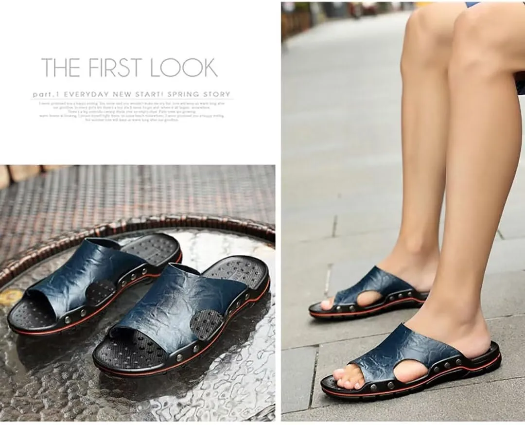 NANXIN&LOVE Mens Slide Sandals Open Toe Non-Slip Comfortable Slide Sandals Men Leather House Slippers Summer Lightweight