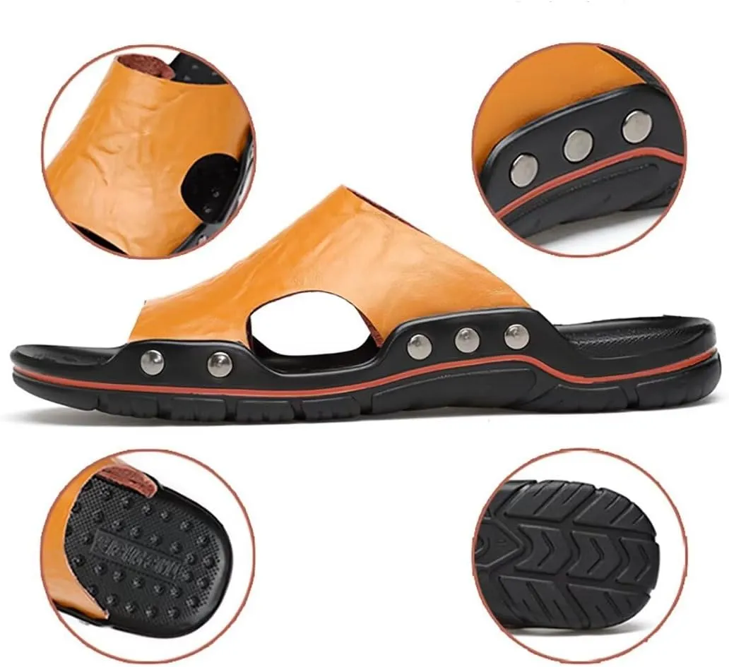 NANXIN&LOVE Mens Slide Sandals Open Toe Non-Slip Comfortable Slide Sandals Men Leather House Slippers Summer Lightweight