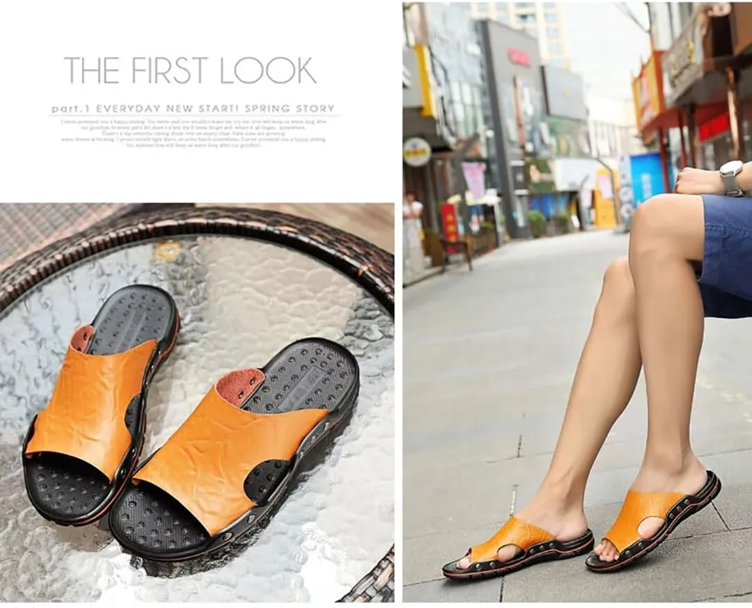 NANXIN&LOVE Mens Slide Sandals Open Toe Non-Slip Comfortable Slide Sandals Men Leather House Slippers Summer Lightweight
