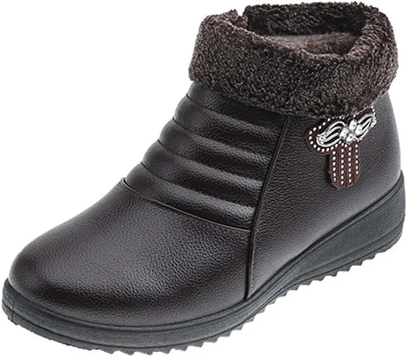 oiangi Rhinestones Ankle Boots for Women 2022 Comfortable Soft Sole Round Toe Zipper Platform Snow Boots Winter Plush Warm Non-slip Leather Shoes