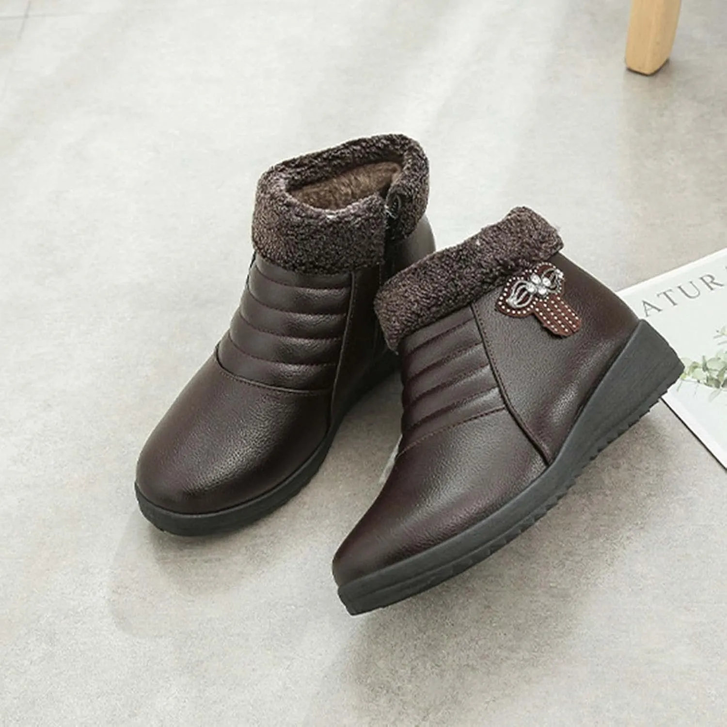 oiangi Rhinestones Ankle Boots for Women 2022 Comfortable Soft Sole Round Toe Zipper Platform Snow Boots Winter Plush Warm Non-slip Leather Shoes