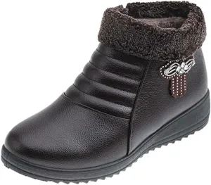 oiangi Rhinestones Ankle Boots for Women 2022 Comfortable Soft Sole Round Toe Zipper Platform Snow Boots Winter Plush Warm Non-slip Leather Shoes