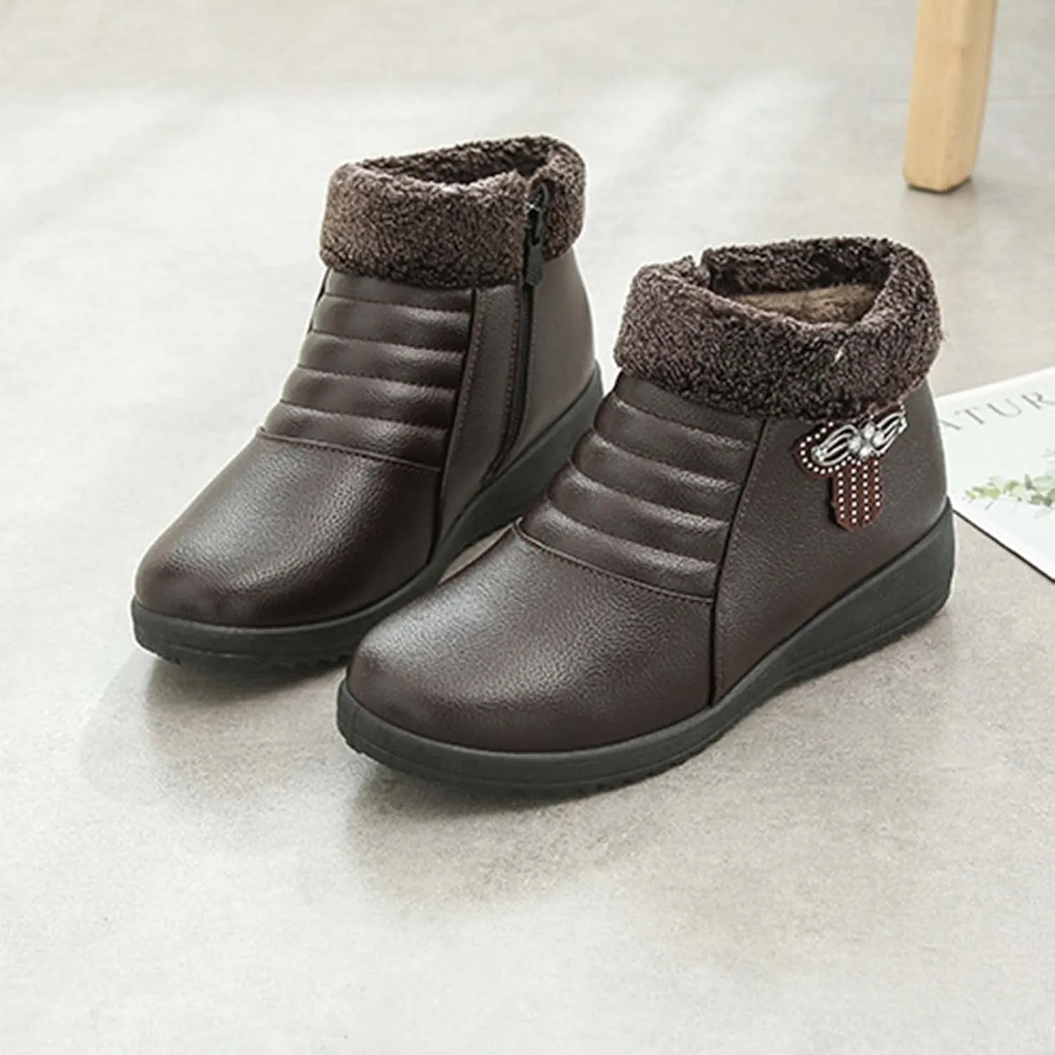 oiangi Rhinestones Ankle Boots for Women 2022 Comfortable Soft Sole Round Toe Zipper Platform Snow Boots Winter Plush Warm Non-slip Leather Shoes