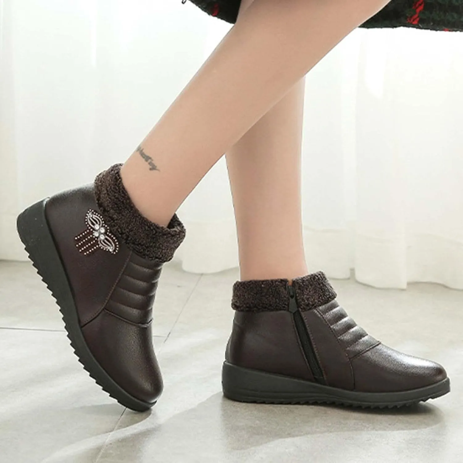 oiangi Rhinestones Ankle Boots for Women 2022 Comfortable Soft Sole Round Toe Zipper Platform Snow Boots Winter Plush Warm Non-slip Leather Shoes