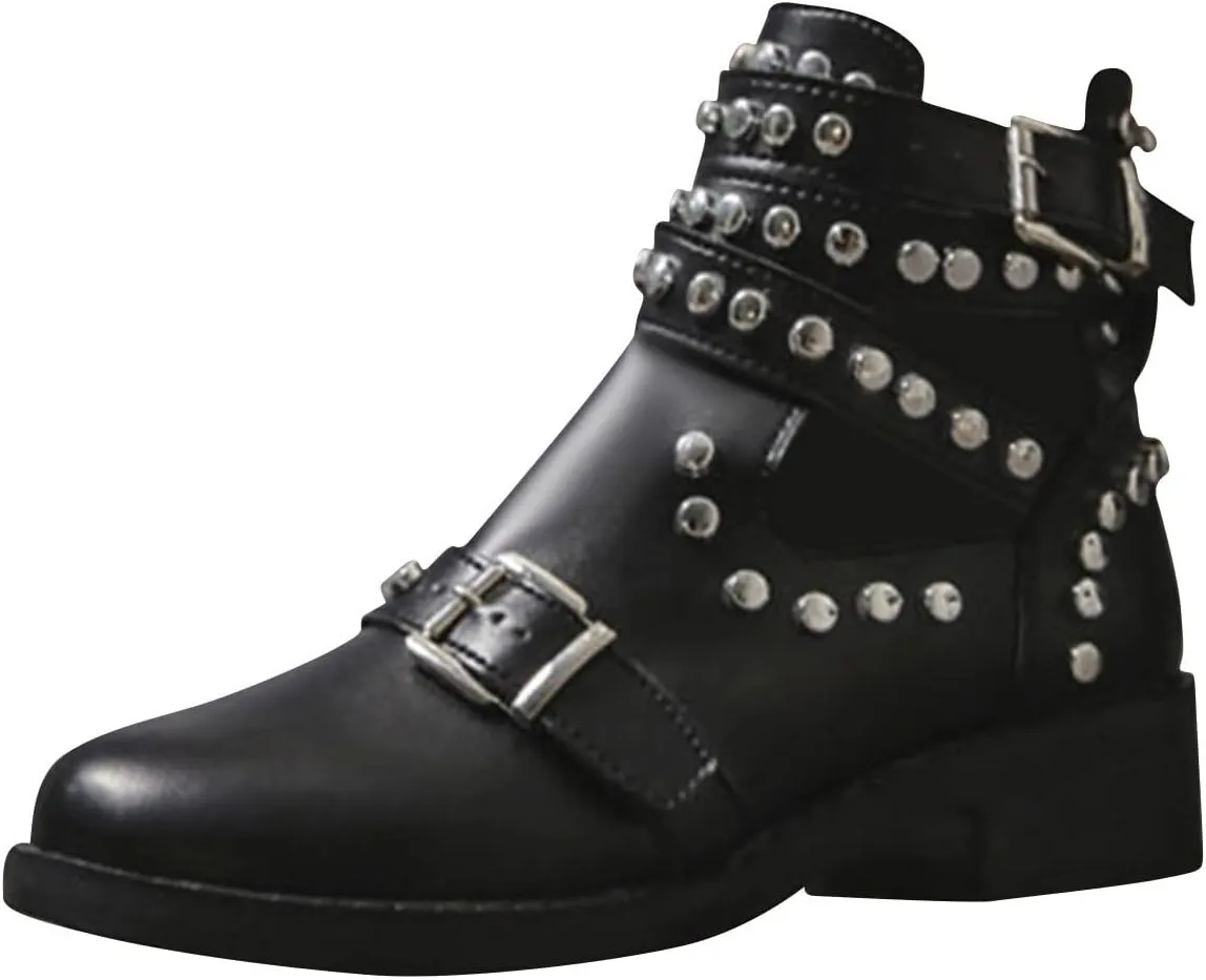 oiangi Studded Ankle Boots for Women - Solid Round Toe Cutout Straps Buckle Casual Chunky Thick Heel Short Booties Comfortable Trendy Leather Shoes