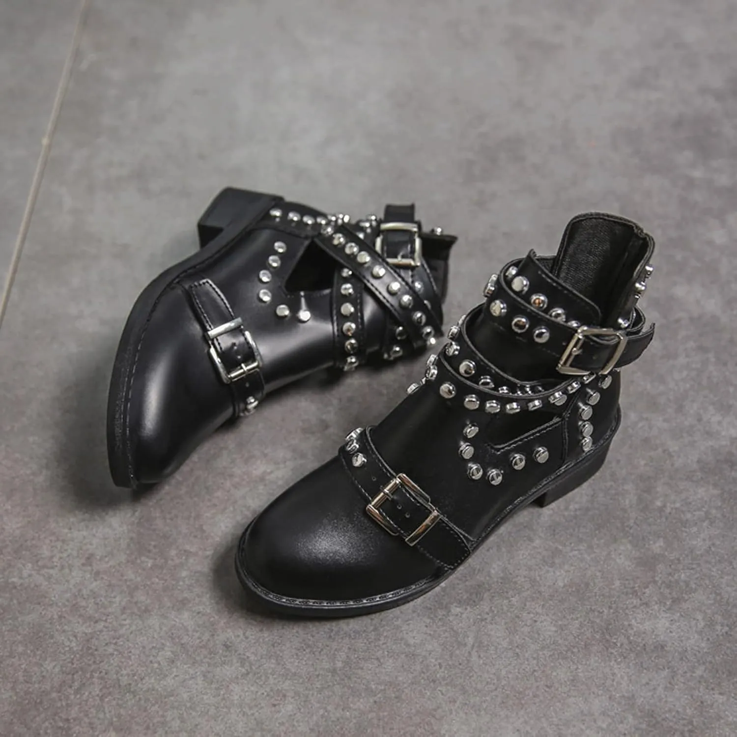 oiangi Studded Ankle Boots for Women - Solid Round Toe Cutout Straps Buckle Casual Chunky Thick Heel Short Booties Comfortable Trendy Leather Shoes