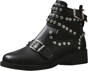 oiangi Studded Ankle Boots for Women - Solid Round Toe Cutout Straps Buckle Casual Chunky Thick Heel Short Booties Comfortable Trendy Leather Shoes
