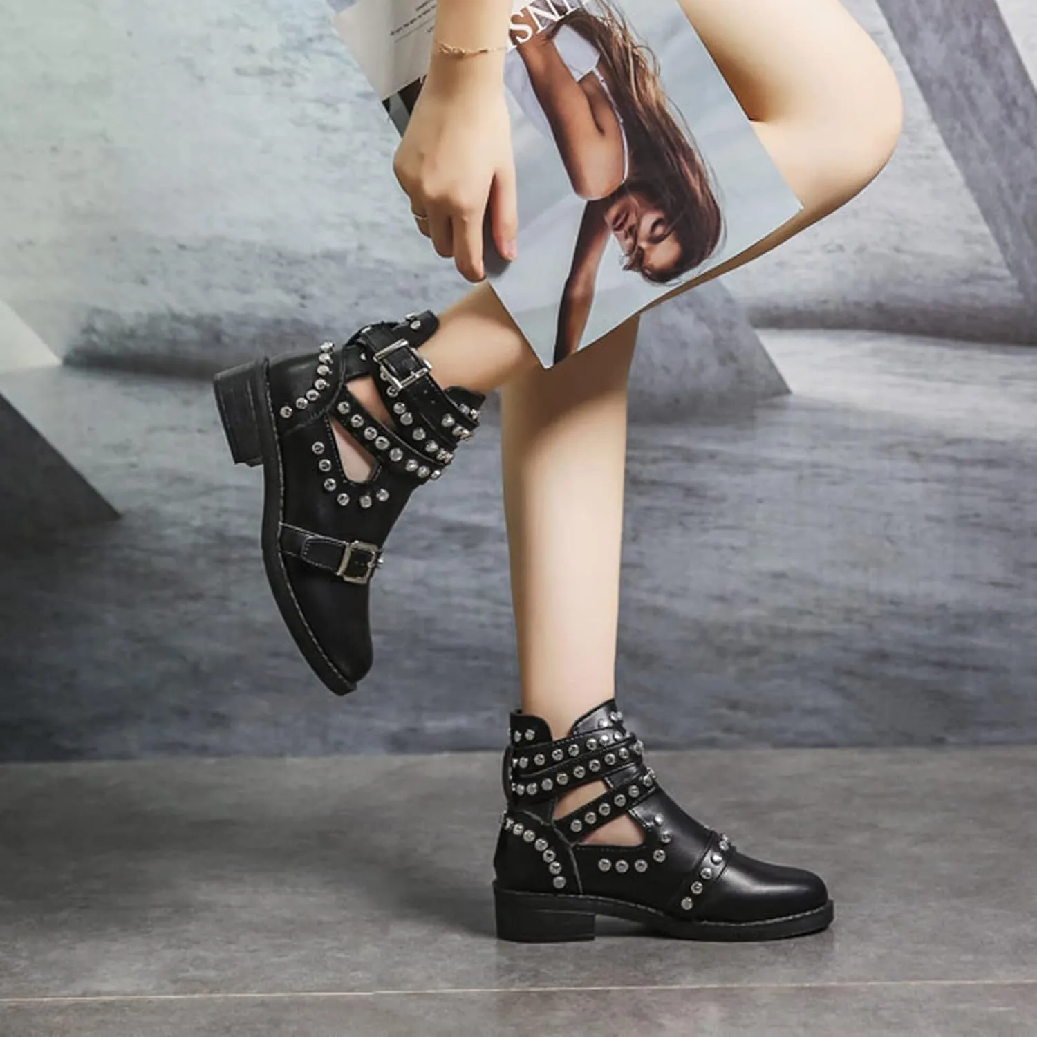 oiangi Studded Ankle Boots for Women - Solid Round Toe Cutout Straps Buckle Casual Chunky Thick Heel Short Booties Comfortable Trendy Leather Shoes