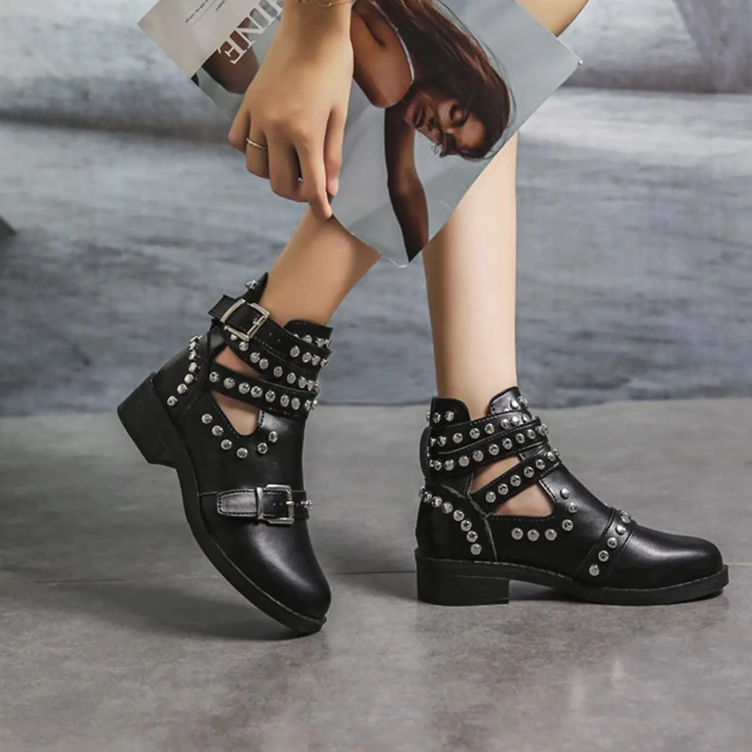 oiangi Studded Ankle Boots for Women - Solid Round Toe Cutout Straps Buckle Casual Chunky Thick Heel Short Booties Comfortable Trendy Leather Shoes