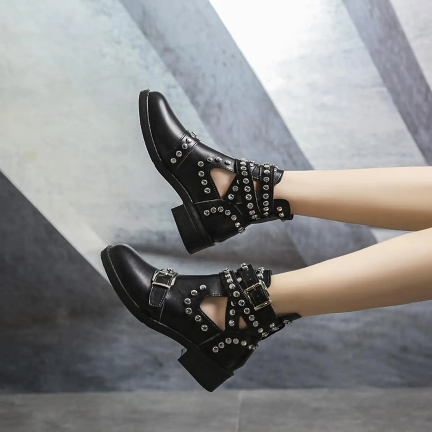 oiangi Studded Ankle Boots for Women - Solid Round Toe Cutout Straps Buckle Casual Chunky Thick Heel Short Booties Comfortable Trendy Leather Shoes