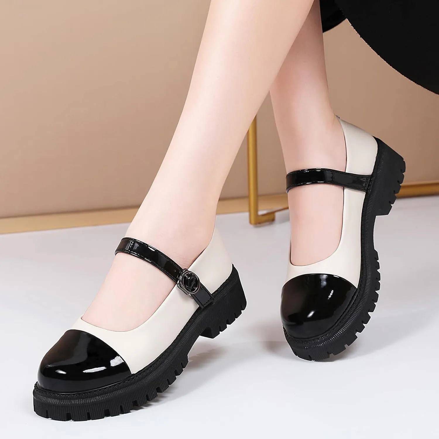 OKJ Platform Mary Janes for Women, Black Mary Jane Shoes Women Low Heels Matte Comfortable Flats Chunky Mary Janes for Women, Round Toe Dressy Casual Teens Kawaii Work Shoes