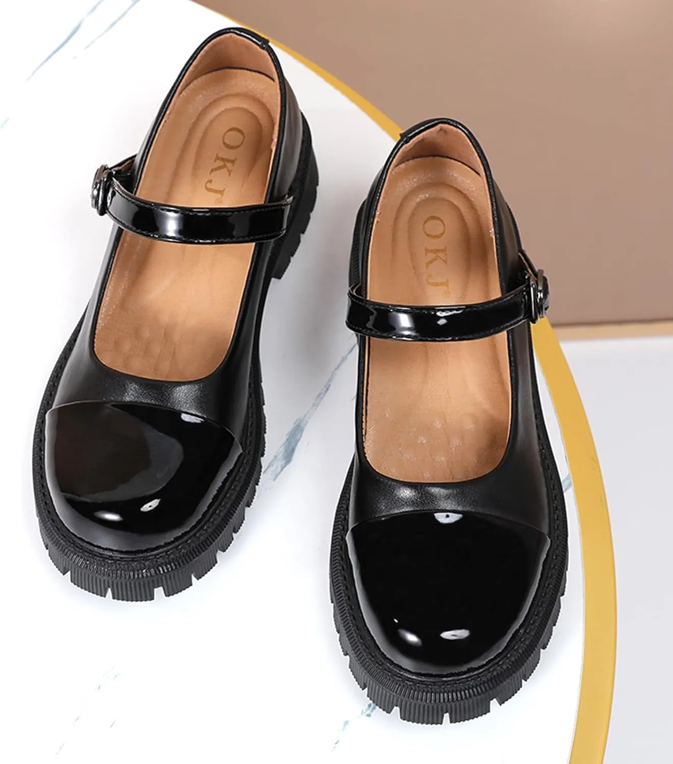 OKJ Platform Mary Janes for Women, Black Mary Jane Shoes Women Low Heels Matte Comfortable Flats Chunky Mary Janes for Women, Round Toe Dressy Casual Teens Kawaii Work Shoes