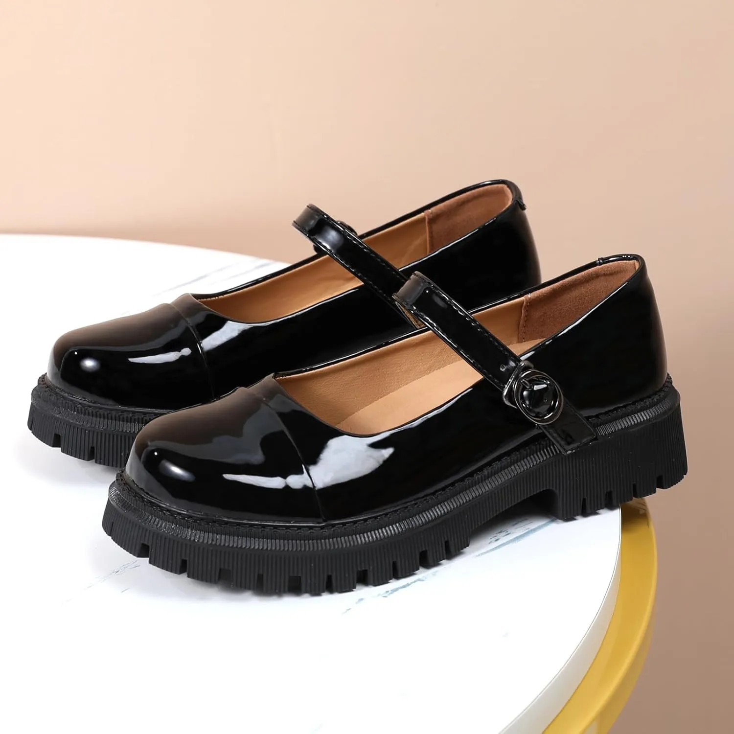 OKJ Platform Mary Janes for Women, Black Mary Jane Shoes Women Low Heels Matte Comfortable Flats Chunky Mary Janes for Women, Round Toe Dressy Casual Teens Kawaii Work Shoes
