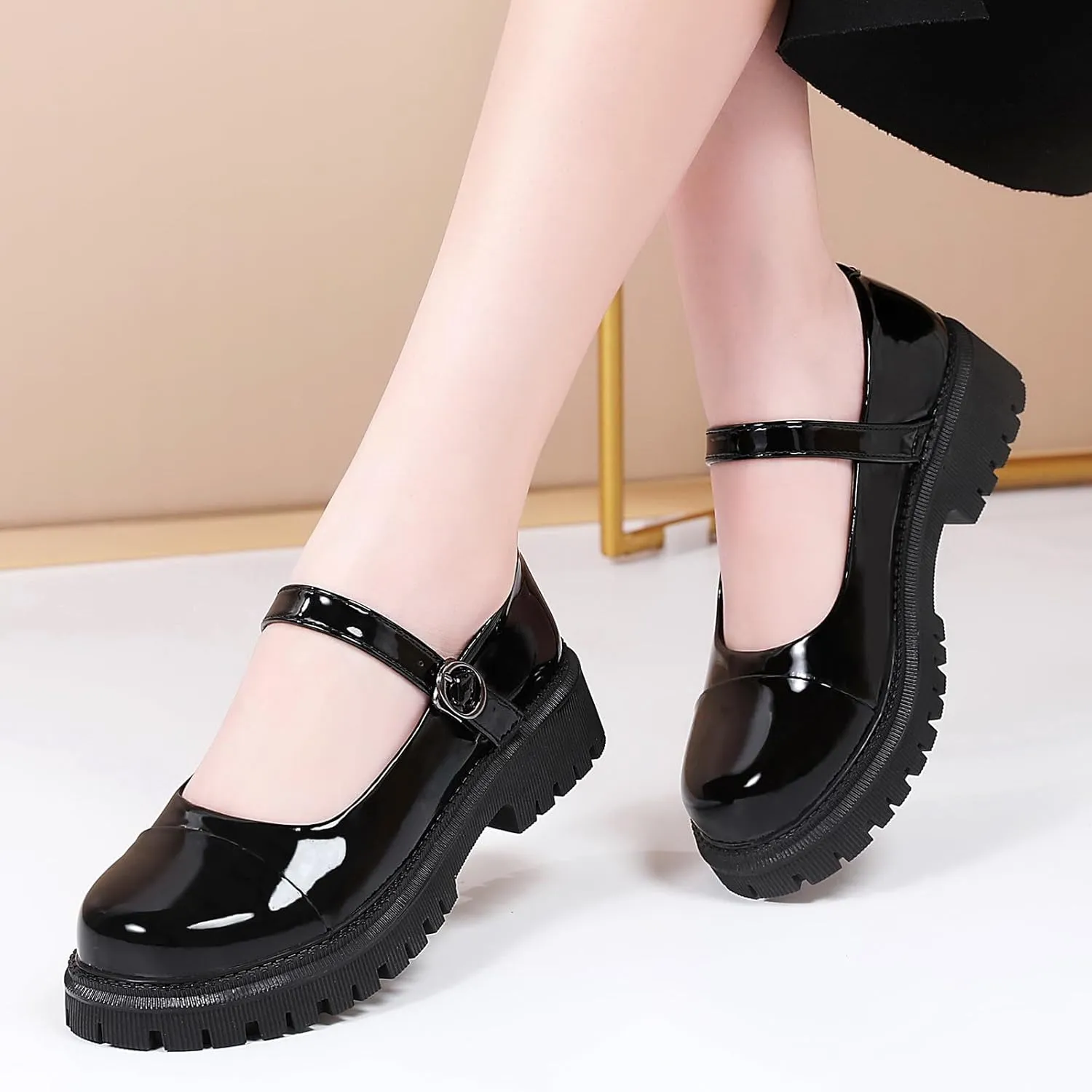 OKJ Platform Mary Janes for Women, Black Mary Jane Shoes Women Low Heels Matte Comfortable Flats Chunky Mary Janes for Women, Round Toe Dressy Casual Teens Kawaii Work Shoes