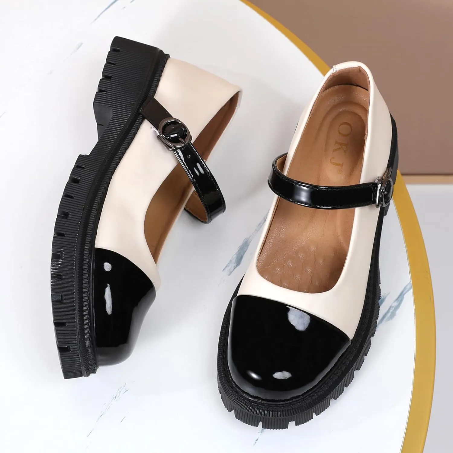 OKJ Platform Mary Janes for Women, Black Mary Jane Shoes Women Low Heels Matte Comfortable Flats Chunky Mary Janes for Women, Round Toe Dressy Casual Teens Kawaii Work Shoes