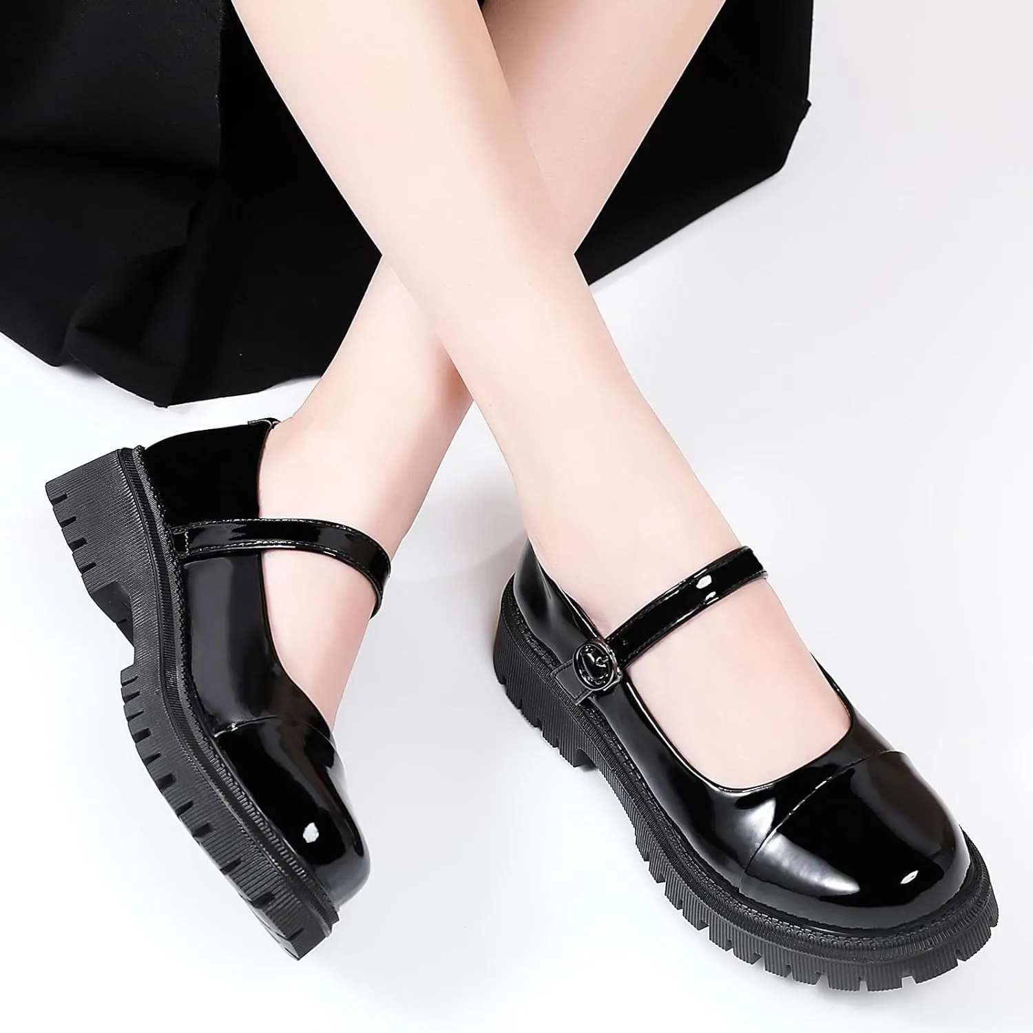 OKJ Platform Mary Janes for Women, Black Mary Jane Shoes Women Low Heels Matte Comfortable Flats Chunky Mary Janes for Women, Round Toe Dressy Casual Teens Kawaii Work Shoes
