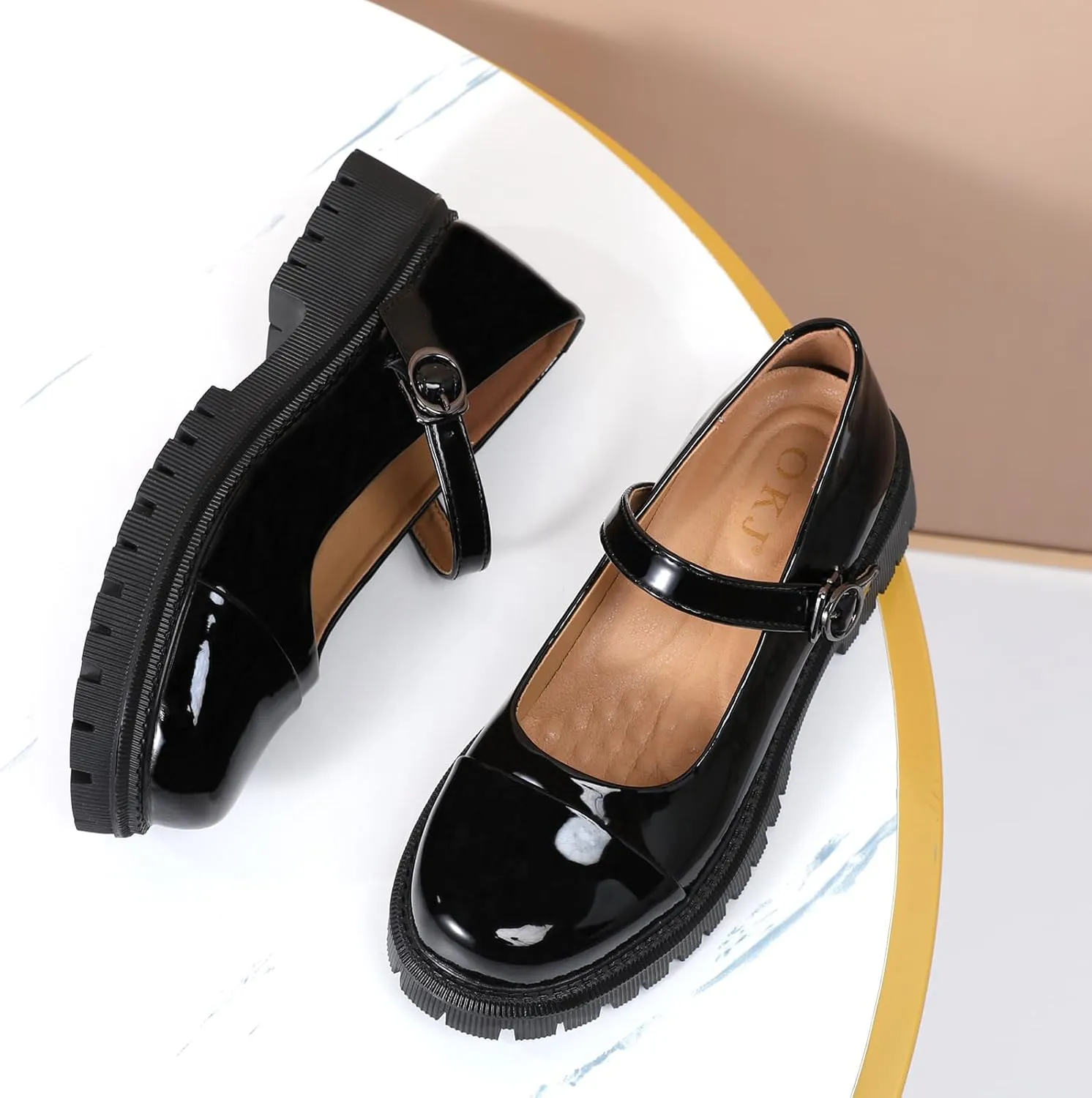 OKJ Platform Mary Janes for Women, Black Mary Jane Shoes Women Low Heels Matte Comfortable Flats Chunky Mary Janes for Women, Round Toe Dressy Casual Teens Kawaii Work Shoes