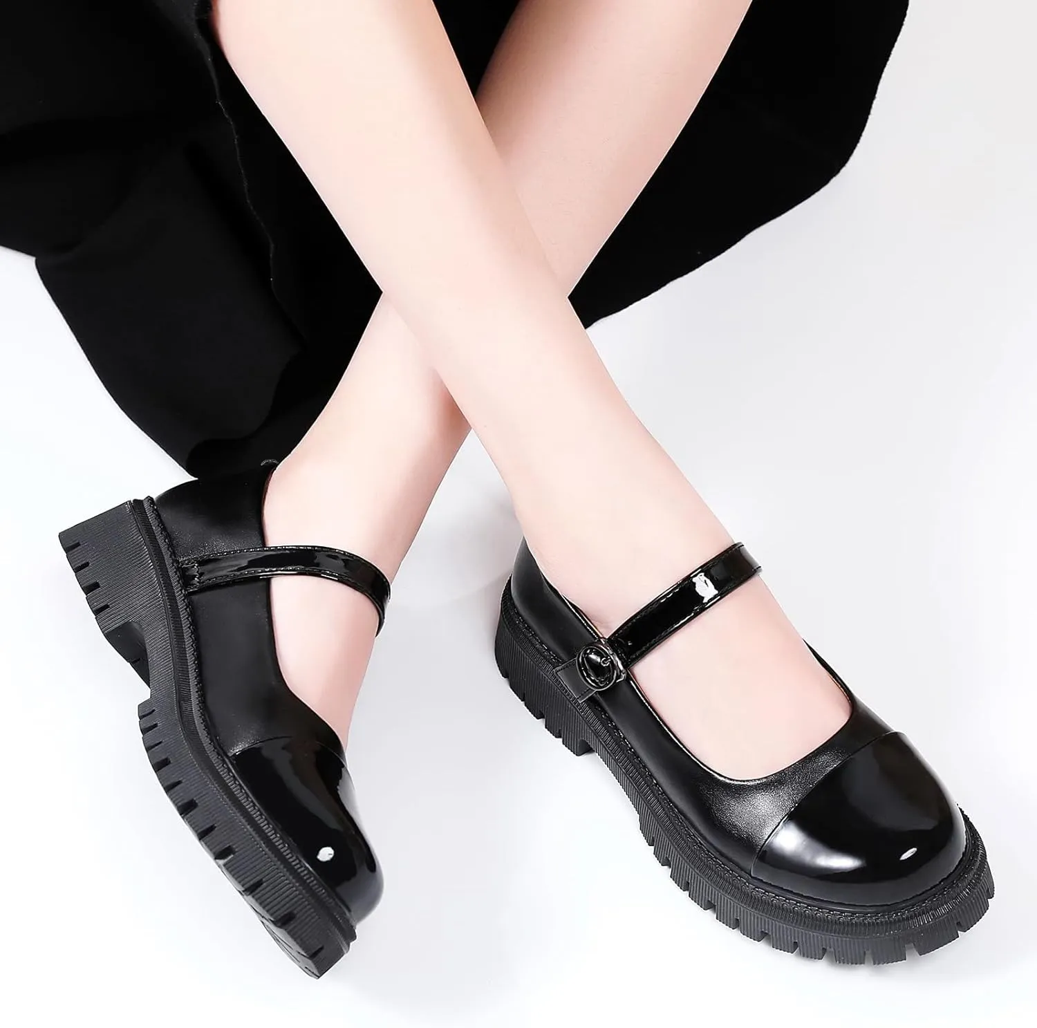 OKJ Platform Mary Janes for Women, Black Mary Jane Shoes Women Low Heels Matte Comfortable Flats Chunky Mary Janes for Women, Round Toe Dressy Casual Teens Kawaii Work Shoes