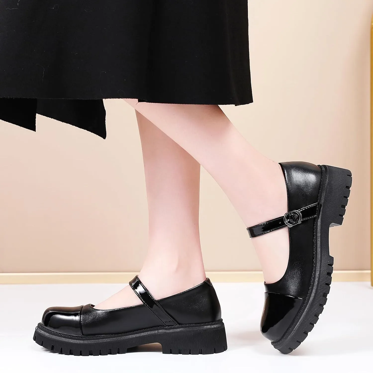 OKJ Platform Mary Janes for Women, Black Mary Jane Shoes Women Low Heels Matte Comfortable Flats Chunky Mary Janes for Women, Round Toe Dressy Casual Teens Kawaii Work Shoes