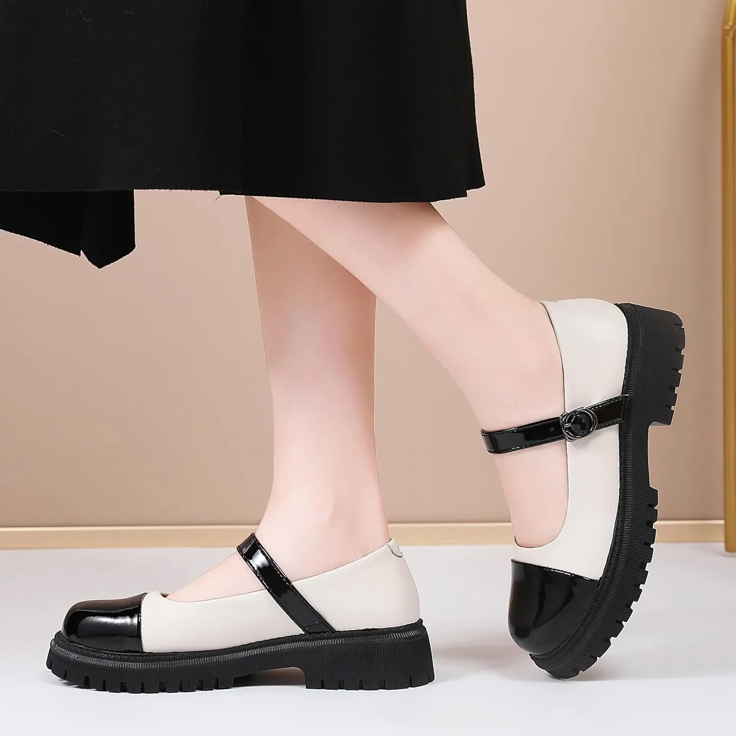 OKJ Platform Mary Janes for Women, Black Mary Jane Shoes Women Low Heels Matte Comfortable Flats Chunky Mary Janes for Women, Round Toe Dressy Casual Teens Kawaii Work Shoes