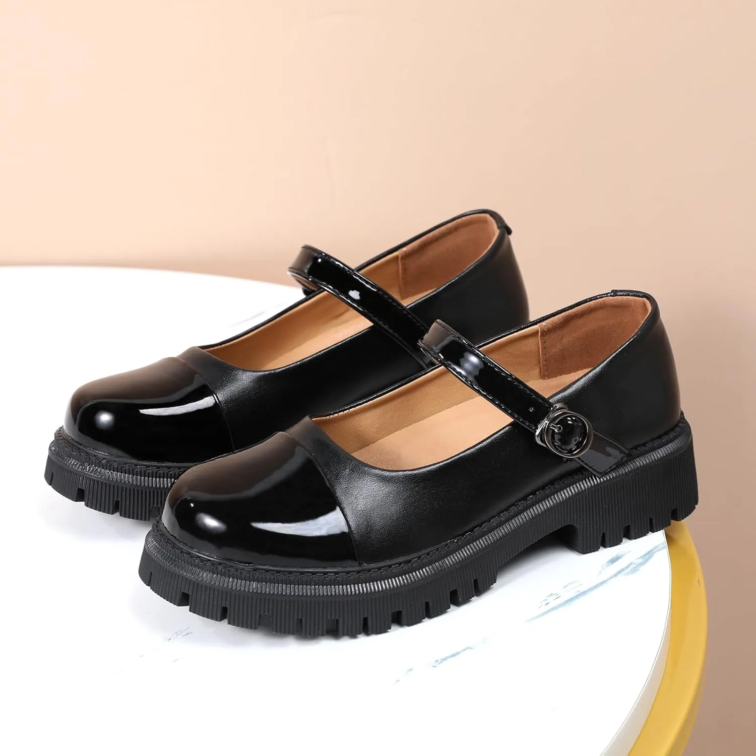 OKJ Platform Mary Janes for Women, Black Mary Jane Shoes Women Low Heels Matte Comfortable Flats Chunky Mary Janes for Women, Round Toe Dressy Casual Teens Kawaii Work Shoes
