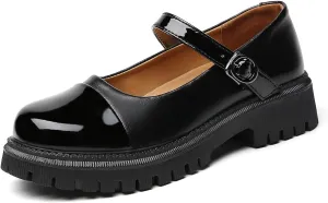 OKJ Platform Mary Janes for Women, Black Mary Jane Shoes Women Low Heels Matte Comfortable Flats Chunky Mary Janes for Women, Round Toe Dressy Casual Teens Kawaii Work Shoes