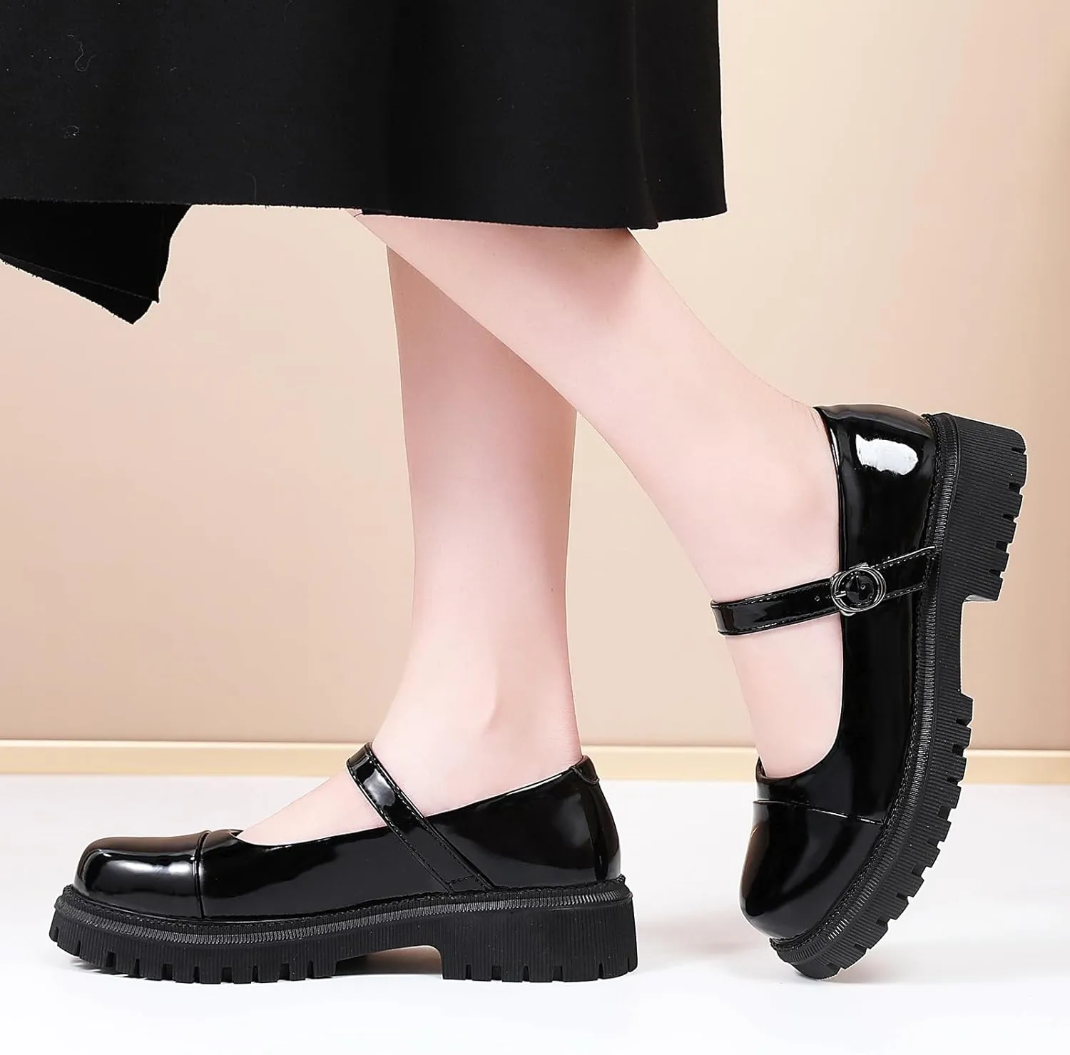 OKJ Platform Mary Janes for Women, Black Mary Jane Shoes Women Low Heels Matte Comfortable Flats Chunky Mary Janes for Women, Round Toe Dressy Casual Teens Kawaii Work Shoes