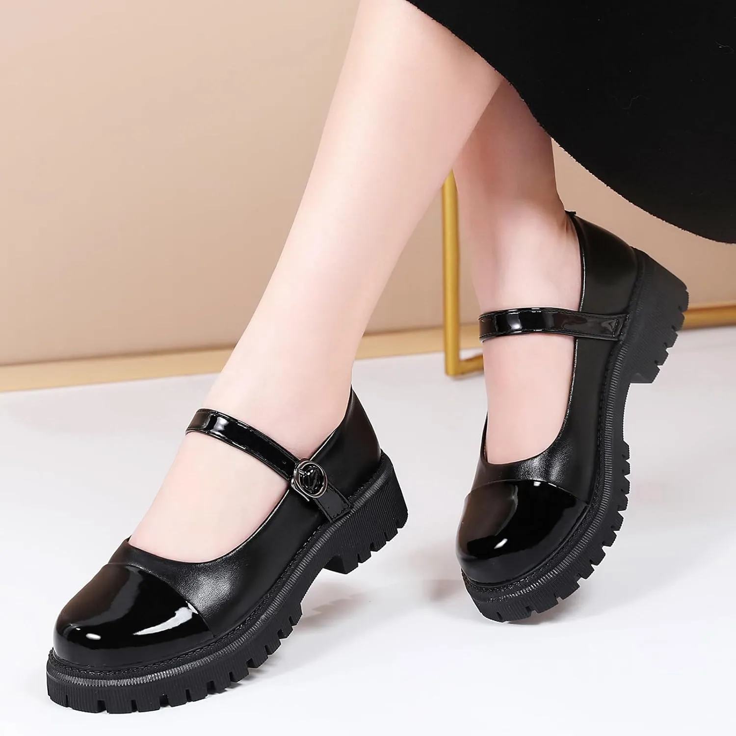 OKJ Platform Mary Janes for Women, Black Mary Jane Shoes Women Low Heels Matte Comfortable Flats Chunky Mary Janes for Women, Round Toe Dressy Casual Teens Kawaii Work Shoes