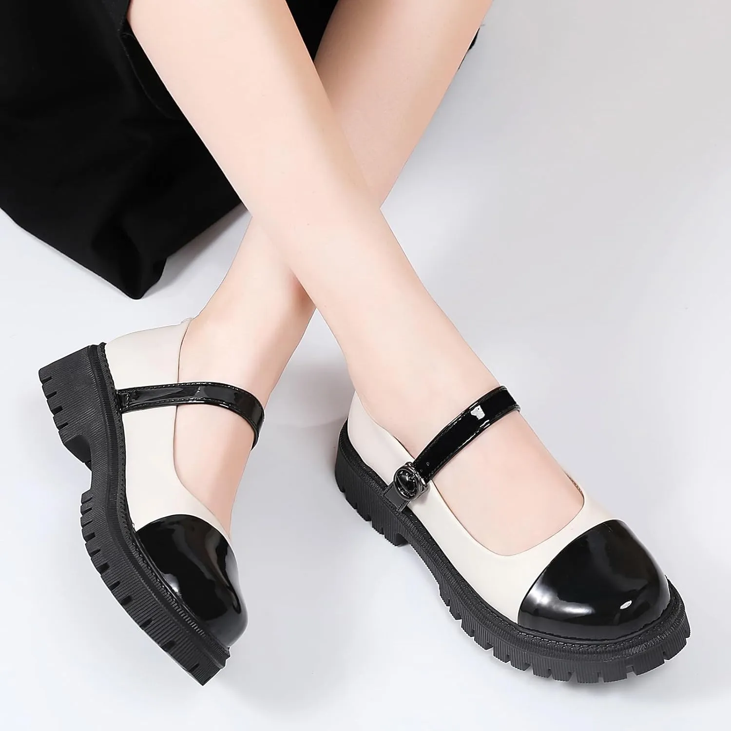 OKJ Platform Mary Janes for Women, Black Mary Jane Shoes Women Low Heels Matte Comfortable Flats Chunky Mary Janes for Women, Round Toe Dressy Casual Teens Kawaii Work Shoes