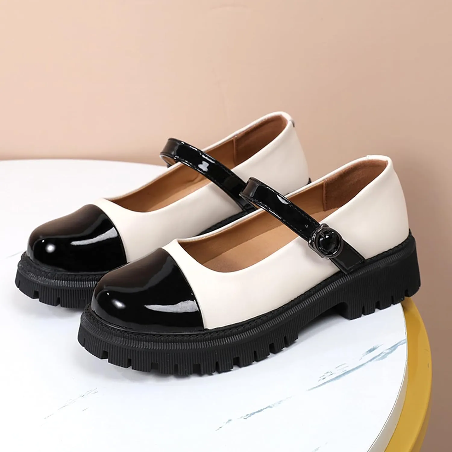OKJ Platform Mary Janes for Women, Black Mary Jane Shoes Women Low Heels Matte Comfortable Flats Chunky Mary Janes for Women, Round Toe Dressy Casual Teens Kawaii Work Shoes