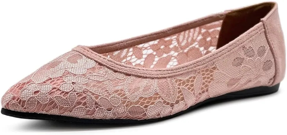 Ollio Women's Shoes Floral Lace Breathables Pointed Toe Ballet Flats F207