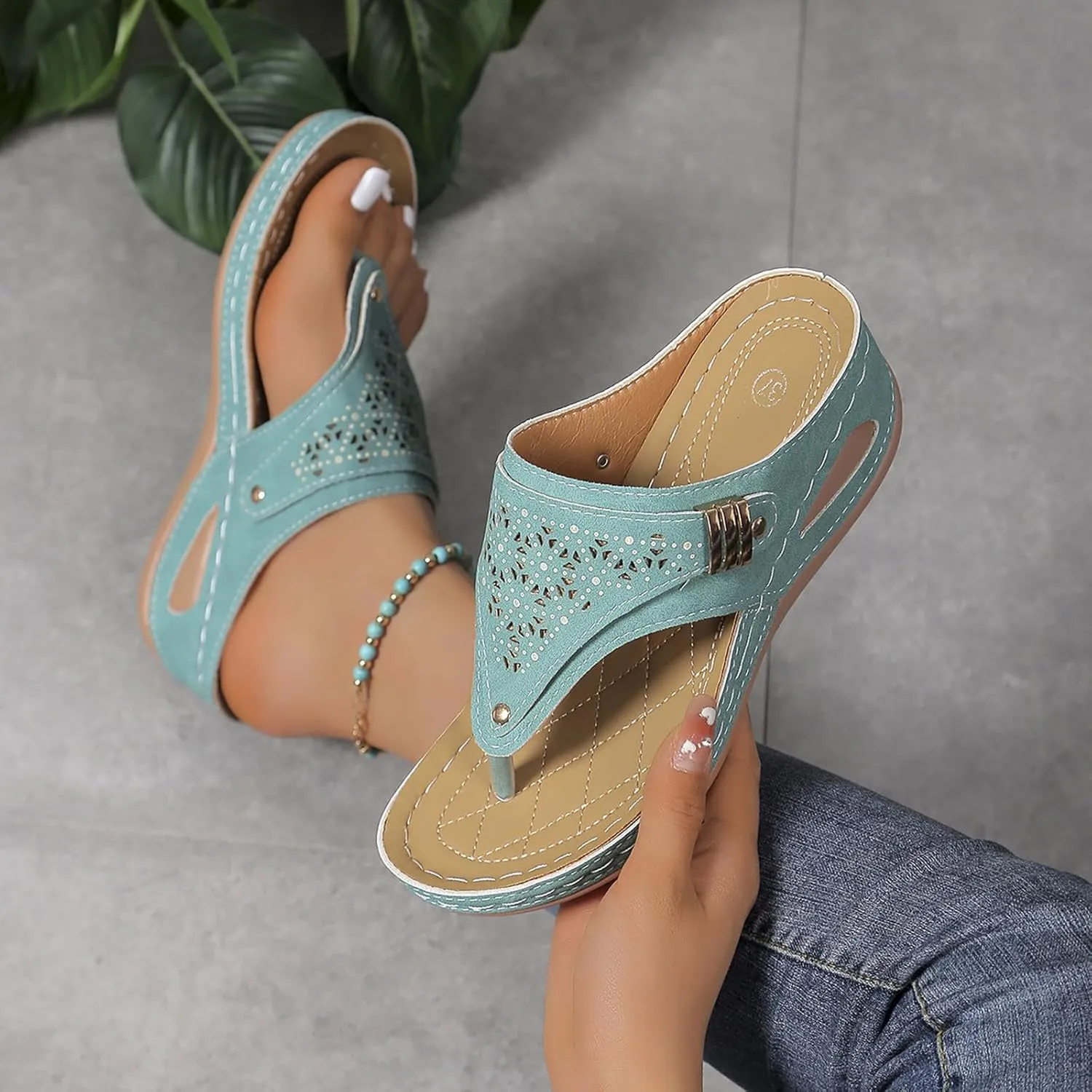 Orthopedic Wedge Sandals for Women 2025 Dressy Summer,Comfortable Casual Flats Flip Flops Ladies Outdoor Slides Slippers Arch Support Slip-on Beach Boho Platform Walking Shoes