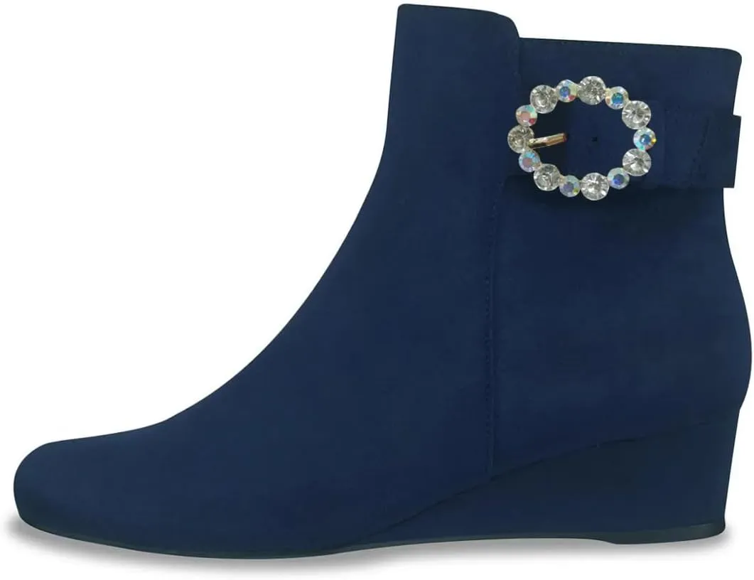 Pazzion Women Elegant Rhinestone Brooch Low Wedge Heel Ankle Boots Side Zipper Closed Toe Booties Fashion Dating Dress Shoes Size 4-16 US