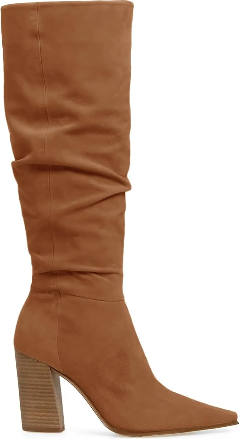 PiePieBuy Womens Faux Suede Knee High Boots Pointed Toe High Chunky Heel Side Zipper Party Dress Booties