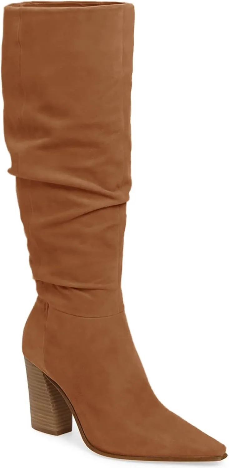 PiePieBuy Womens Faux Suede Knee High Boots Pointed Toe High Chunky Heel Side Zipper Party Dress Booties