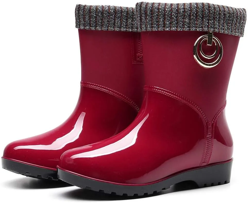 Punk Style Mid Warm Snow Boots Women's Rain Boots Outdoor Water Shoes Short Fuzzy Rain Boots