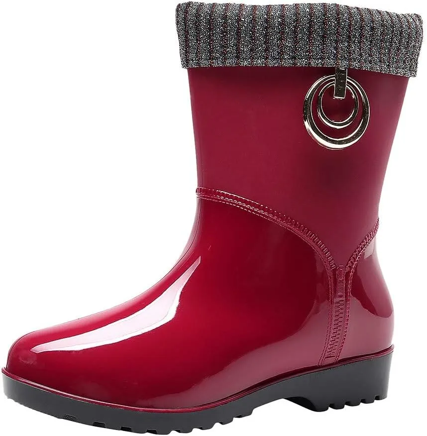Punk Style Mid Warm Snow Boots Women's Rain Boots Outdoor Water Shoes Short Fuzzy Rain Boots