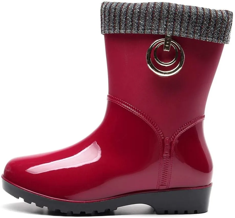 Punk Style Mid Warm Snow Boots Women's Rain Boots Outdoor Water Shoes Short Fuzzy Rain Boots