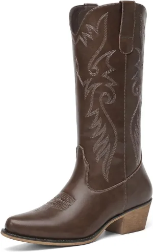 Putu Women's Embroidered Cowboy Boots Pull on Western Boots Mid Calf Boots Chunky Heel