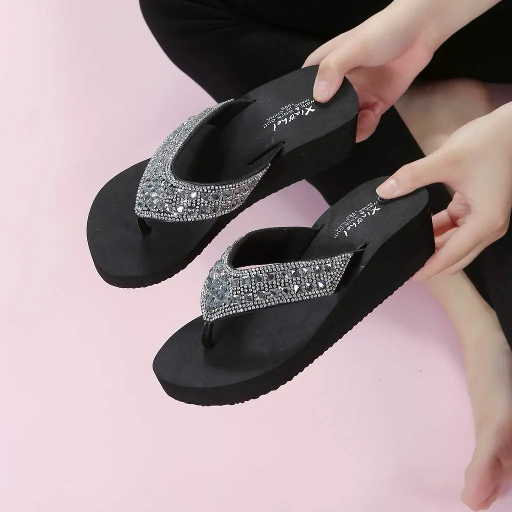 Rhinestones Wedges Flip Flops for Women Bohemia Casual Beach Platform Shoes Summer Fashion Slippers